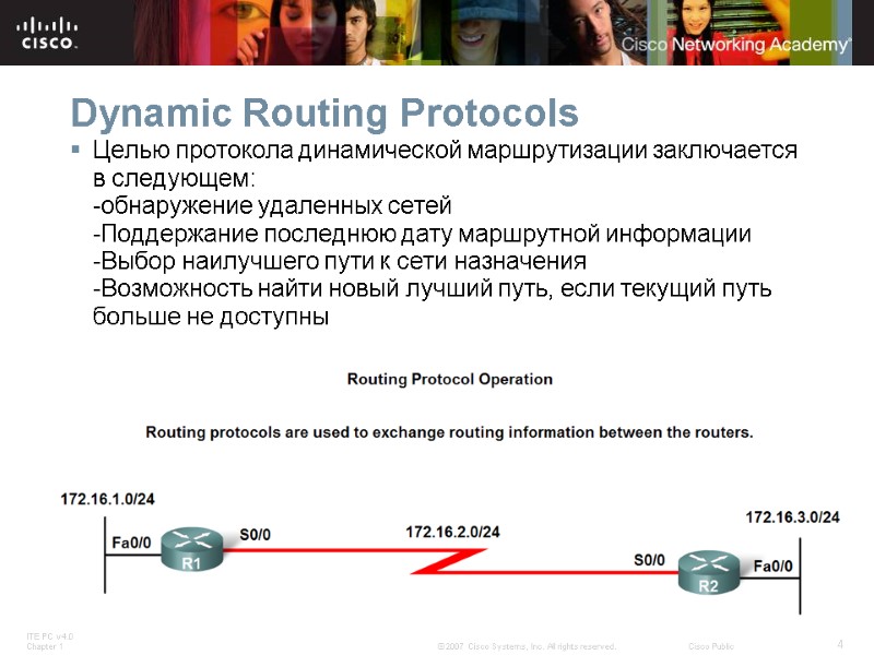 Dynamic Routing Protocols Целью протокола динамической маршрутизации заключается в следующем: -обнаружение удаленных сетей -Поддержание